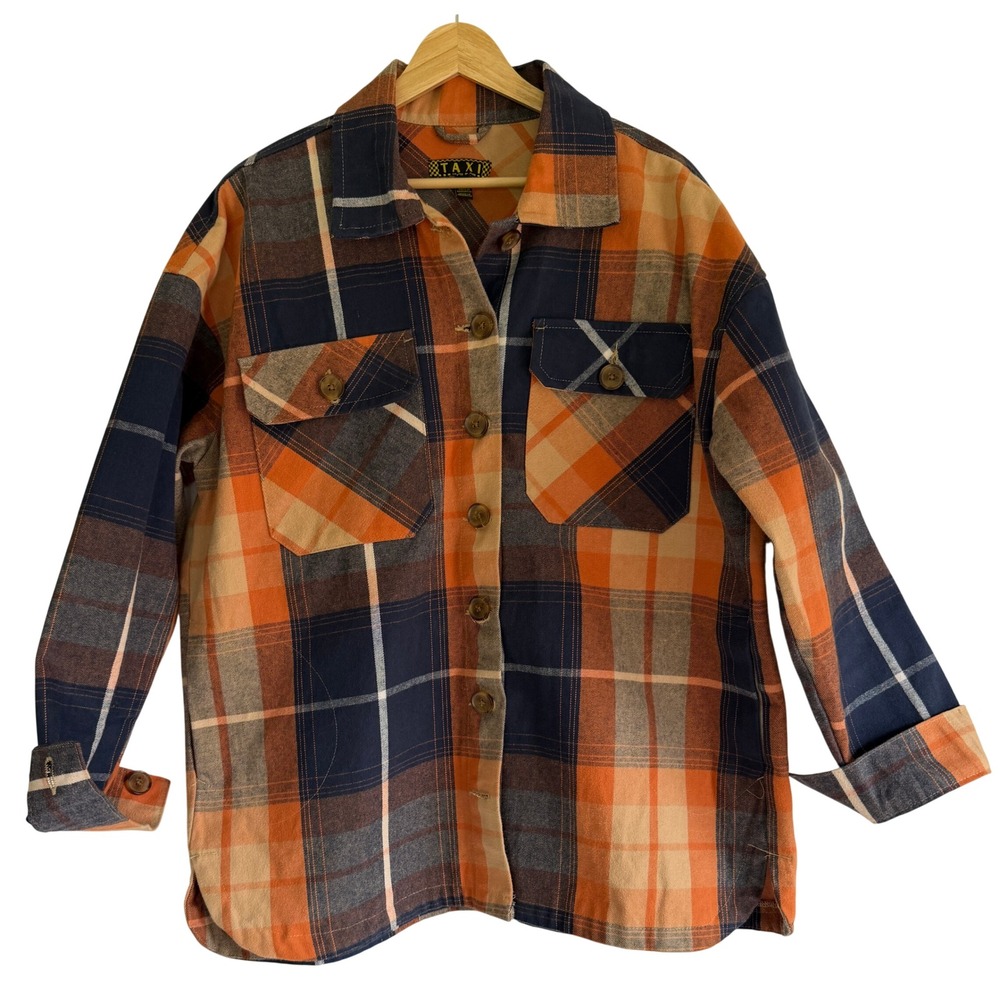 Taxi Womens Large Plaid Flannel Shirt Jacket Orange Navy Blue Cotton Shacket